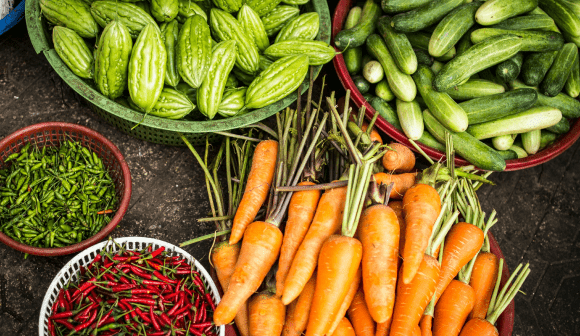 Vegetables in bowls on a table